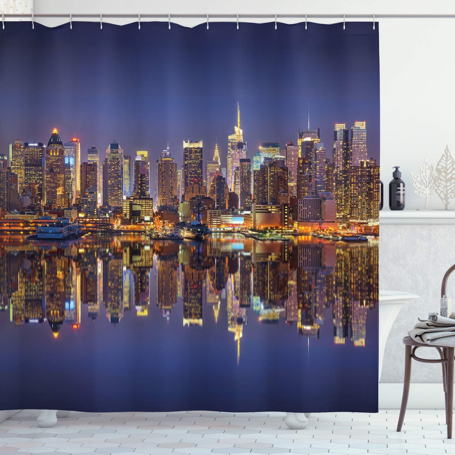 ABAKUHAUS Landscape Shower Curtain, Cityscape Scenery of New York City at Midnight Usa Ocean Reflection Coast Photo, Cloth Fabric Bathroom Decor Set with Hooks, 86 Inches Extra Long, Multicolor