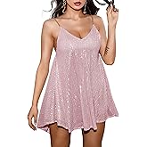 Wenrine Women's Sequin Dress Sexy V Neck Spaghetti Strap Backless Mini Dresses Club Party Dresses Pink