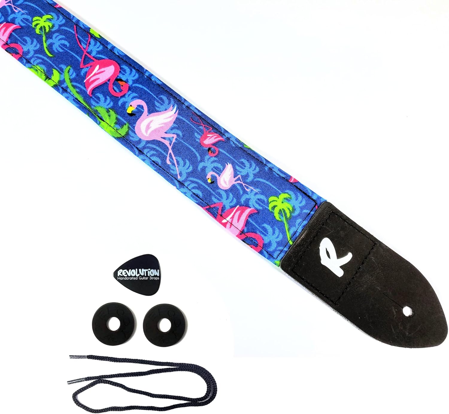 Mixed Media - Flamingo Palm Tree Guitar Strap, Genuine Leather Ends, Includes 2 Strap Locks & 1 Pick. Adjustable Strap, Pick Pocket, For Bass, Electric & Acoustic Guitars Gift for Guitar Players Men, Women & Kids