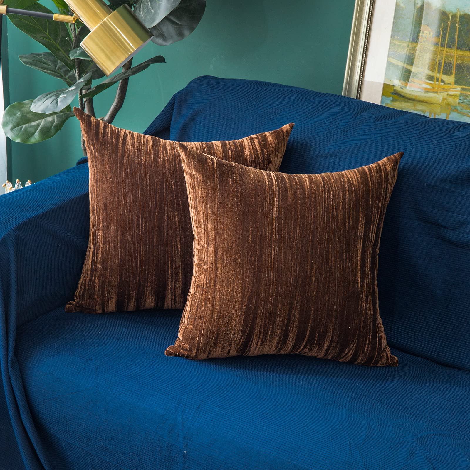 Photo 1 of GLORY SEASON Throw Pillow Covers 18x18 Inch 2 Pack Luxurious Solid Crepe Velvet Square Decorative Pillow Cases for Farmhouse Square Cushion Case for Home Sofa Couch Decor, Brown