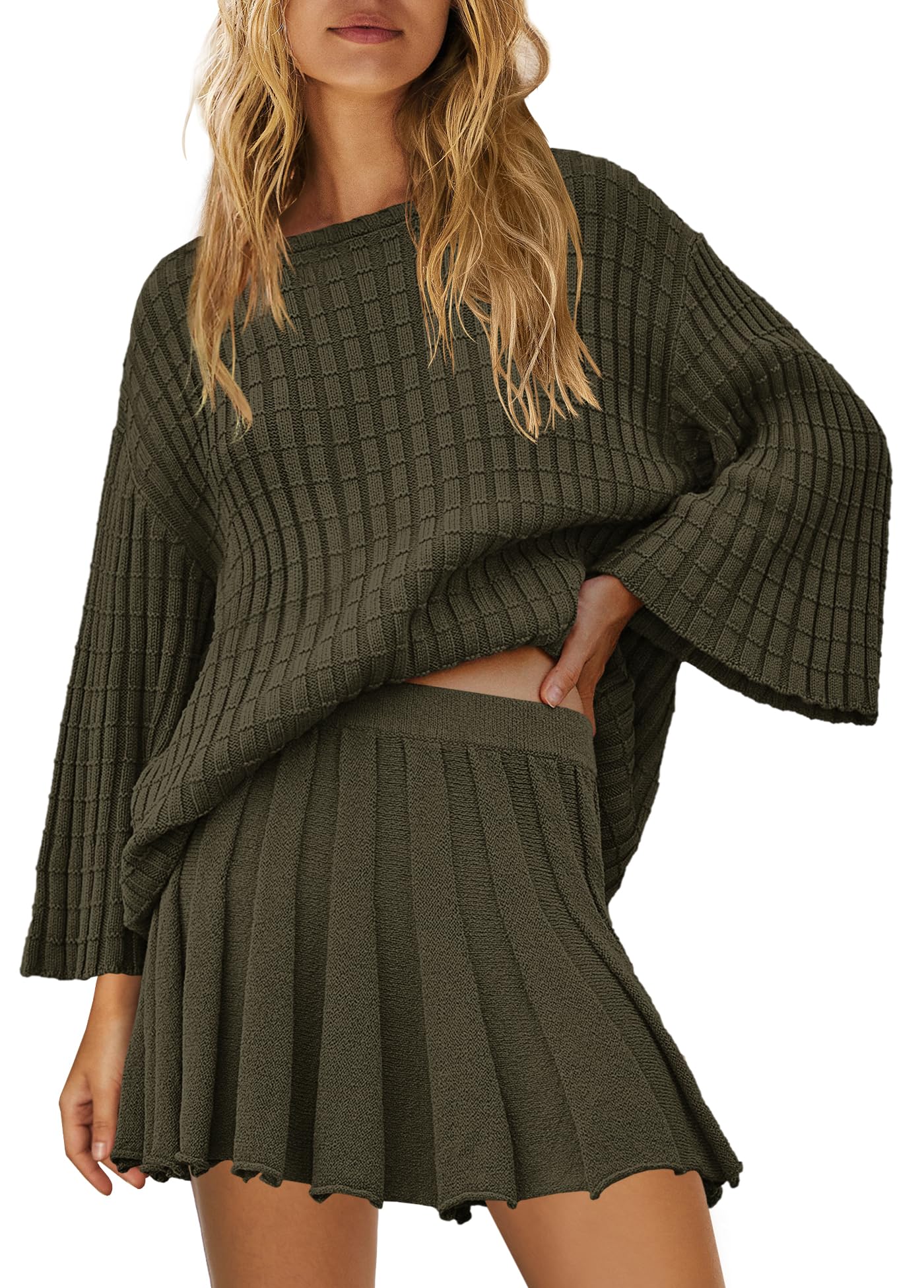 Photo 1 of Yanekop Womens 2 Piece Sweater Skirt Set Loose Matching Lounge Sets Comfy Pajamas Set Long Sleeve Top and Skirt Sets(Black Green,XL)