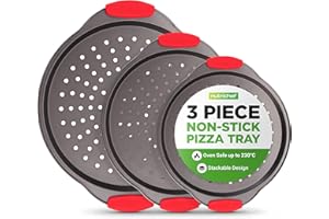 NutriChef Pizza Pan - 3pc Set of Nonstick Oven Trays Silicone Handles, Durable Carbon Steel, Small, Medium, Large Sizes - Ide