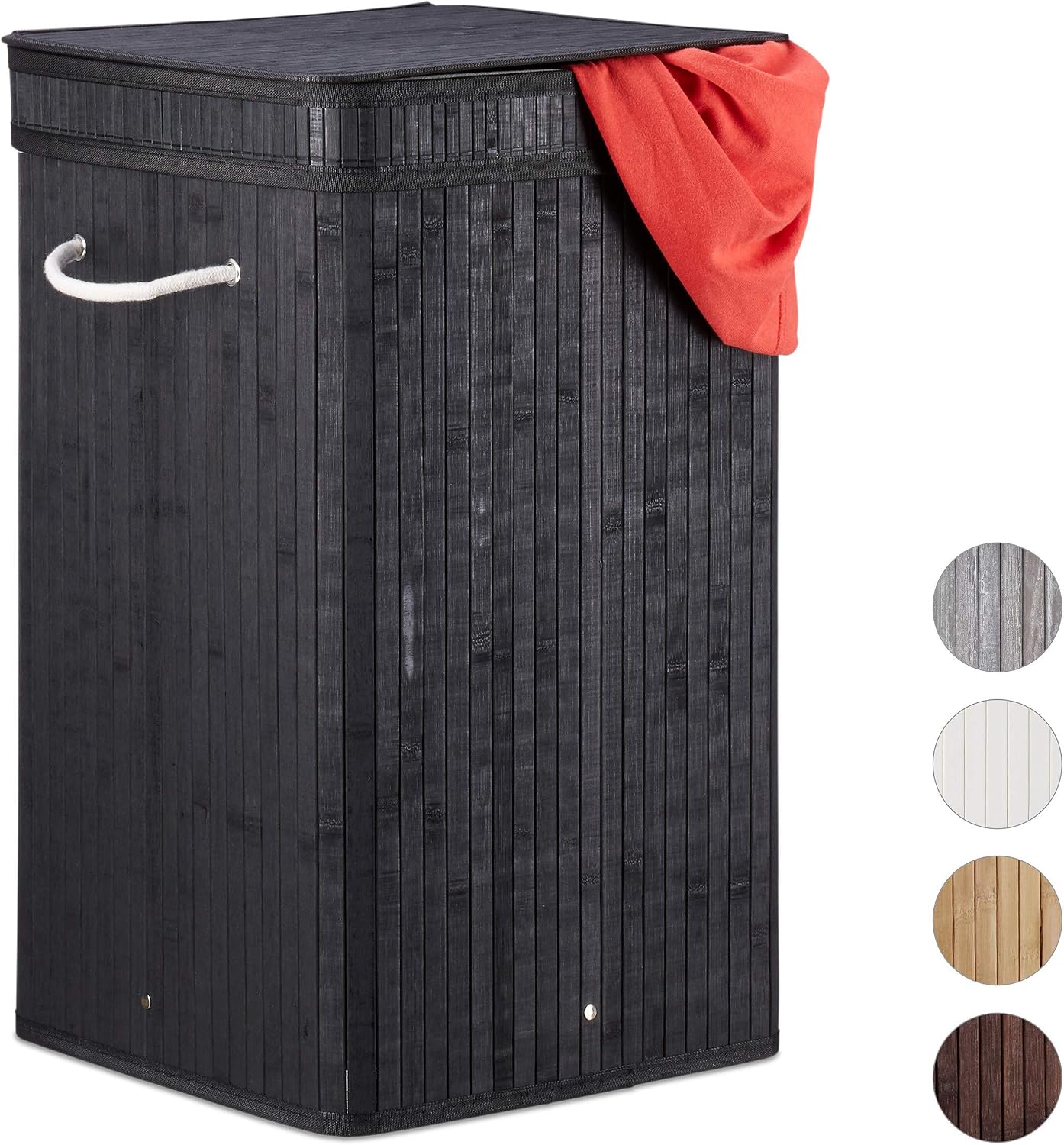 Relaxdays Black Bamboo Pop Hamper, Handle, Portable, 70 L Load, Square Laundry Bag, HxØ: 63 x 36 cm, 63 x 36 x 36 cm