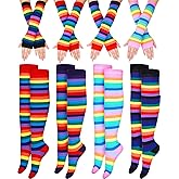 8 Pairs Women's Rainbow Thigh High Socks Fingerless Arm Warmer Set Long Striped High Socks Leg Warmers for Pride Fest