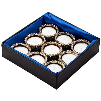 HomeSquare Golden Metal Tealight Holder Diwali Diya with Artificial Stones for Diwali Corporate Gifting - Set of 9