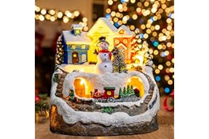ZQQLITE Animated Musical Christmas Snowman Village Houses with Rotating Train, Lighted Christmas Village Collection Figurines for Home Tabletop Decorations Ornaments Gifts