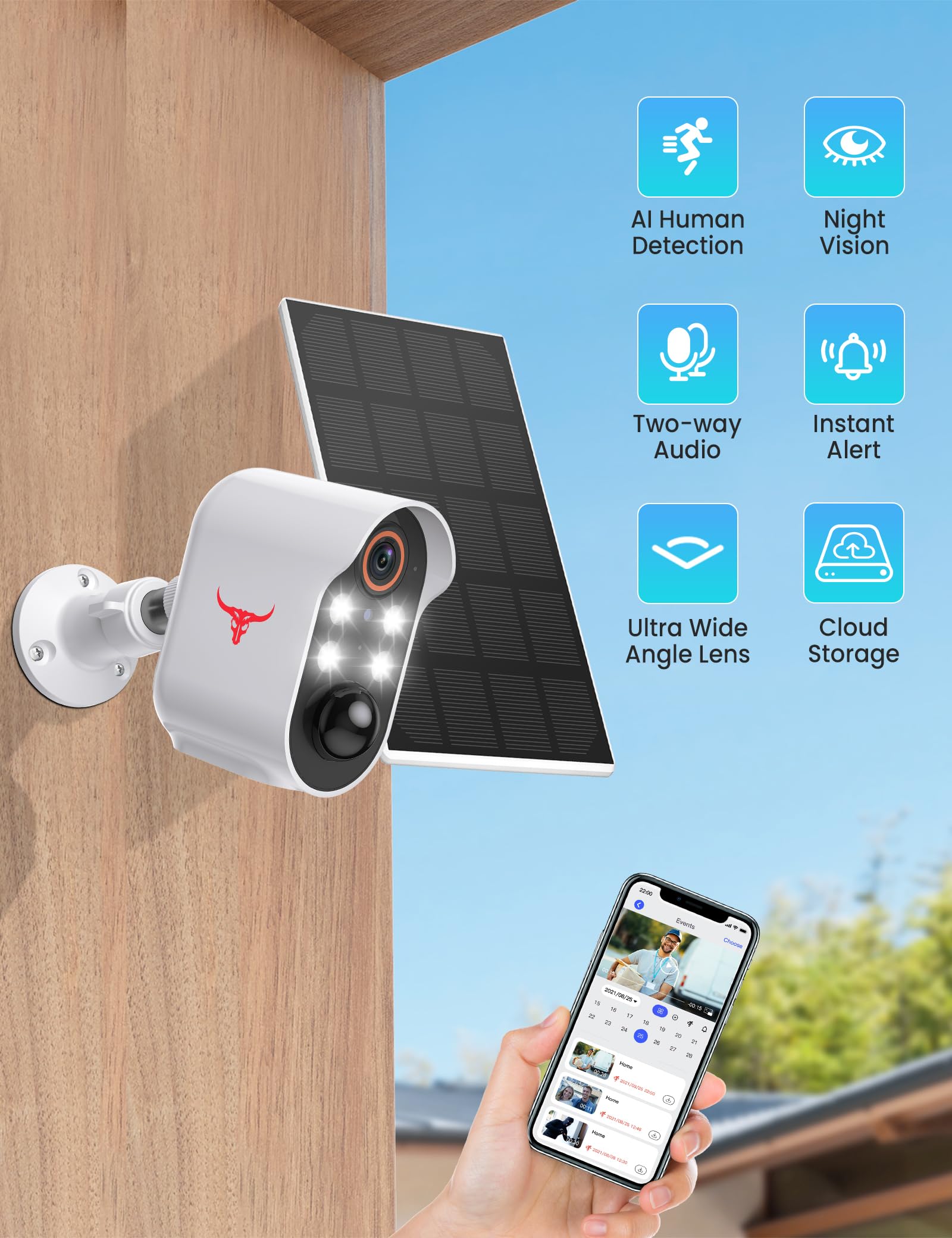 Aiwit 1080p Solar Security Camera, Wireless Indoor/Outdoor Surveillance Bullet Cam, AI Human Detection, Live View, Night Vision, 2-Way Audio, Real-Time Alerts, Cloud Storage