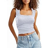 AIHUKOCY Women Square Neck Wide Strap Floral Crop Tank Top Sleeveless Lettuce Trim Solid Slim Cropped Cami Vest Tops