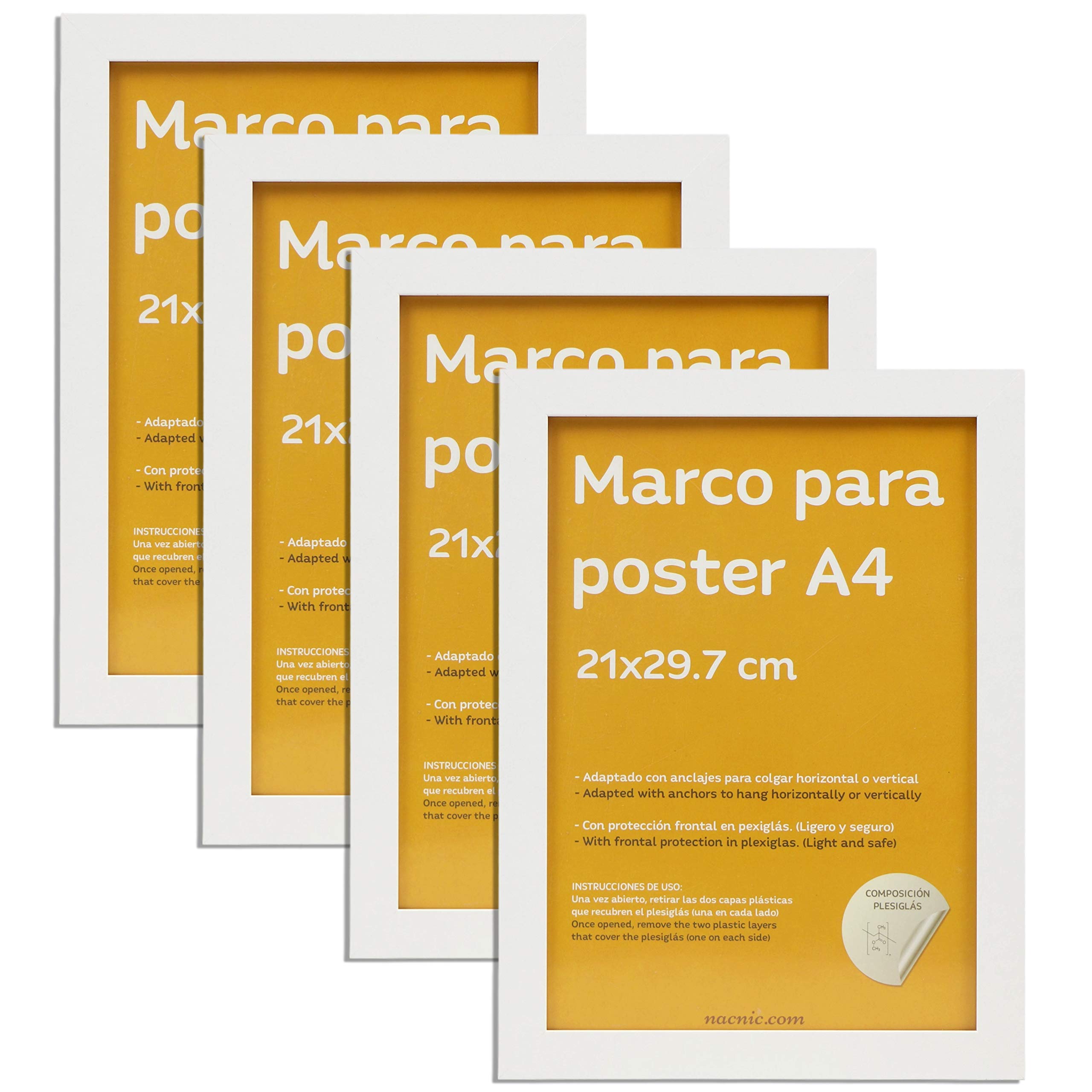 Nacnic Set of 4 strong classic photo frames to protect and display photos, diplomas, posters, art prints. Several sizes and colours. White, size A4