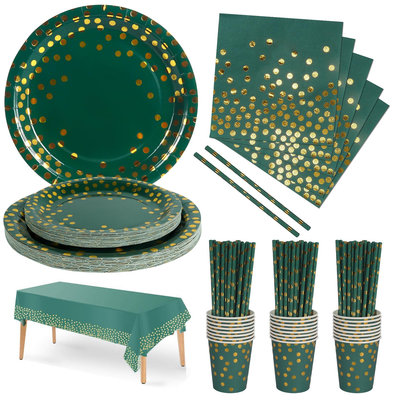 Nkaiso Party Tableware 126 Piece Dark green Gold Paper Tableware Set Includes Disposable Paper Plates Napkins Cups Straws for Wedding Shower Engagement Wedding Birthday-25 Guests