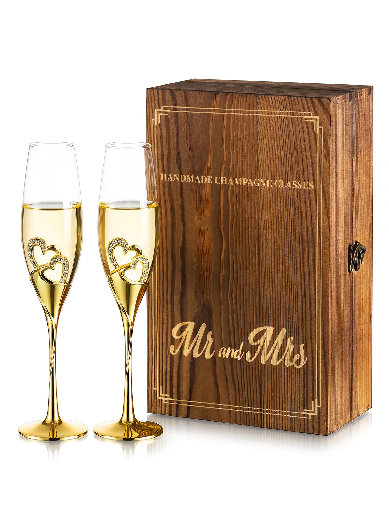 NUPTIO Crystal Champagne Flutes Wedding: Set of 2 Gold Champagne Glasses with Wooden Gift Box Prosecco Glass Pair for Couples Bride & Groom Engagement Anniversary Bridal Showers Toasting Gift Sets