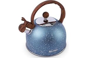 Tea Kettle, 2.3 Quart / 2.5 Liter BELANKO Stainless Steel Tea Kettles, Food Grade Stovetops Tea pot with Wood Pattern Handle Loud Whistling for Tea, Coffee, Milk etc, Gas Electric Applicable - Blue