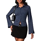 Women Striped Fitted Button Down Shirts Bell Long Sleeve Shirt Office Work Blouse Tops