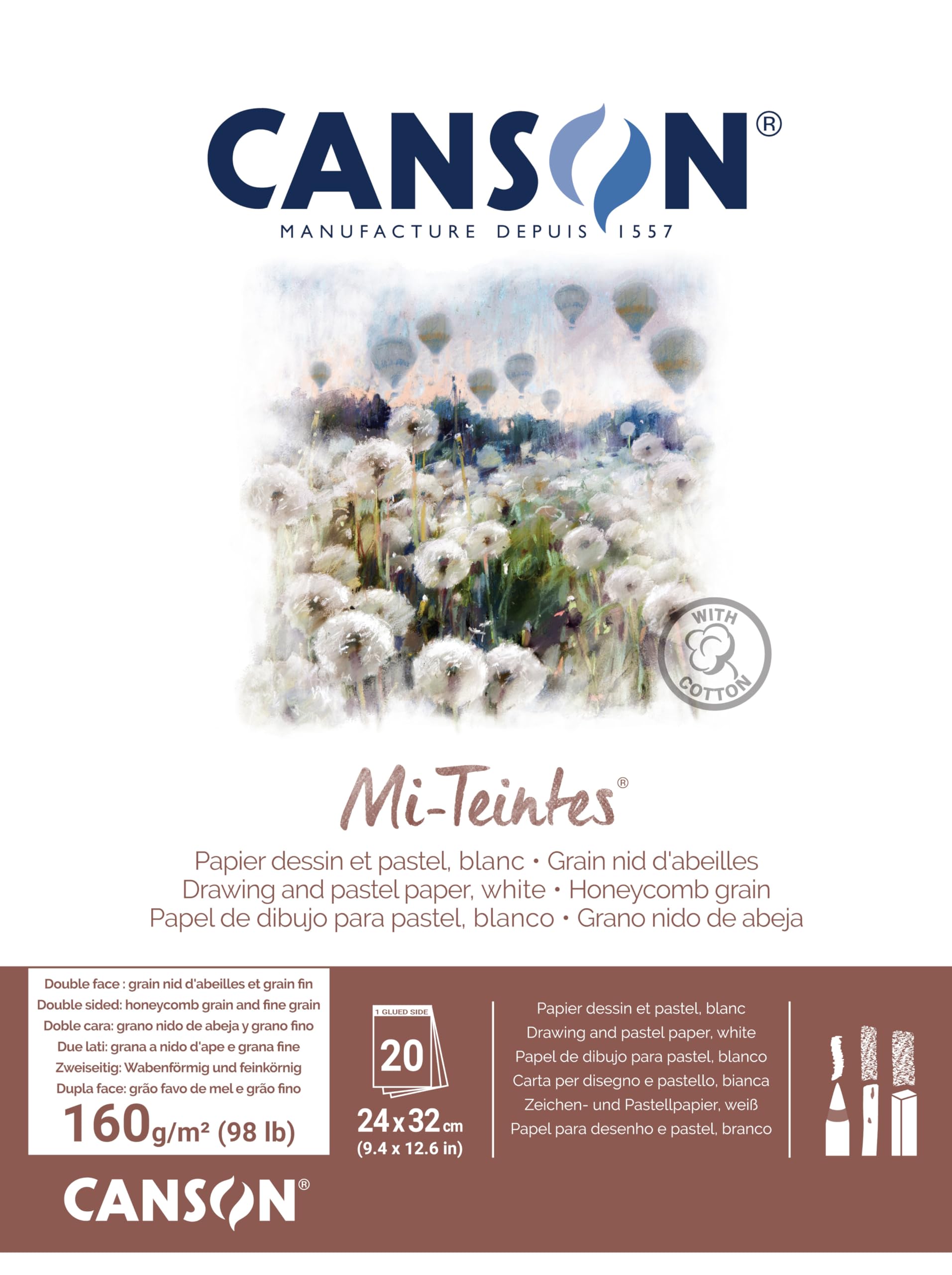 CANSON Mi-Teintes Coloured Drawing 160gsm 24x32cm Paper Pad, Double Sided: Honeycomb & Fine Grain, Pad Glued Short Side, White, 20 Sheets, For Professional Artists & Illustrators