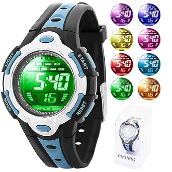 AIKURIO Kinder Digital Uhr 50M Wasserdicht mit 8 LED-Leuchten und Silikon Armband AKR006