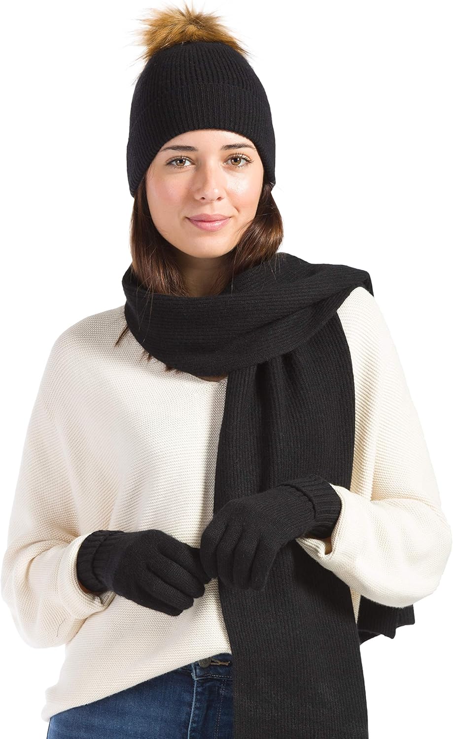 Fishers Finery Women's 3 Piece 100% Cashmere Pom Beanie Hat Glove