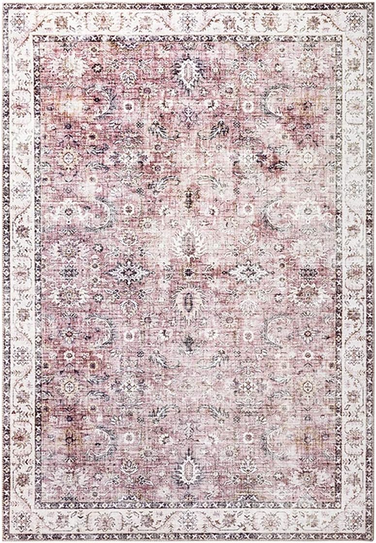 Vintage Furry Rug, Persian Ethnic Distressed Polyester Carpet Suitable For Bedroom Living Room Coffee Table Carpet Area, Multi-color, Size (Color : Pink, Size : 4.9x2.6ft)