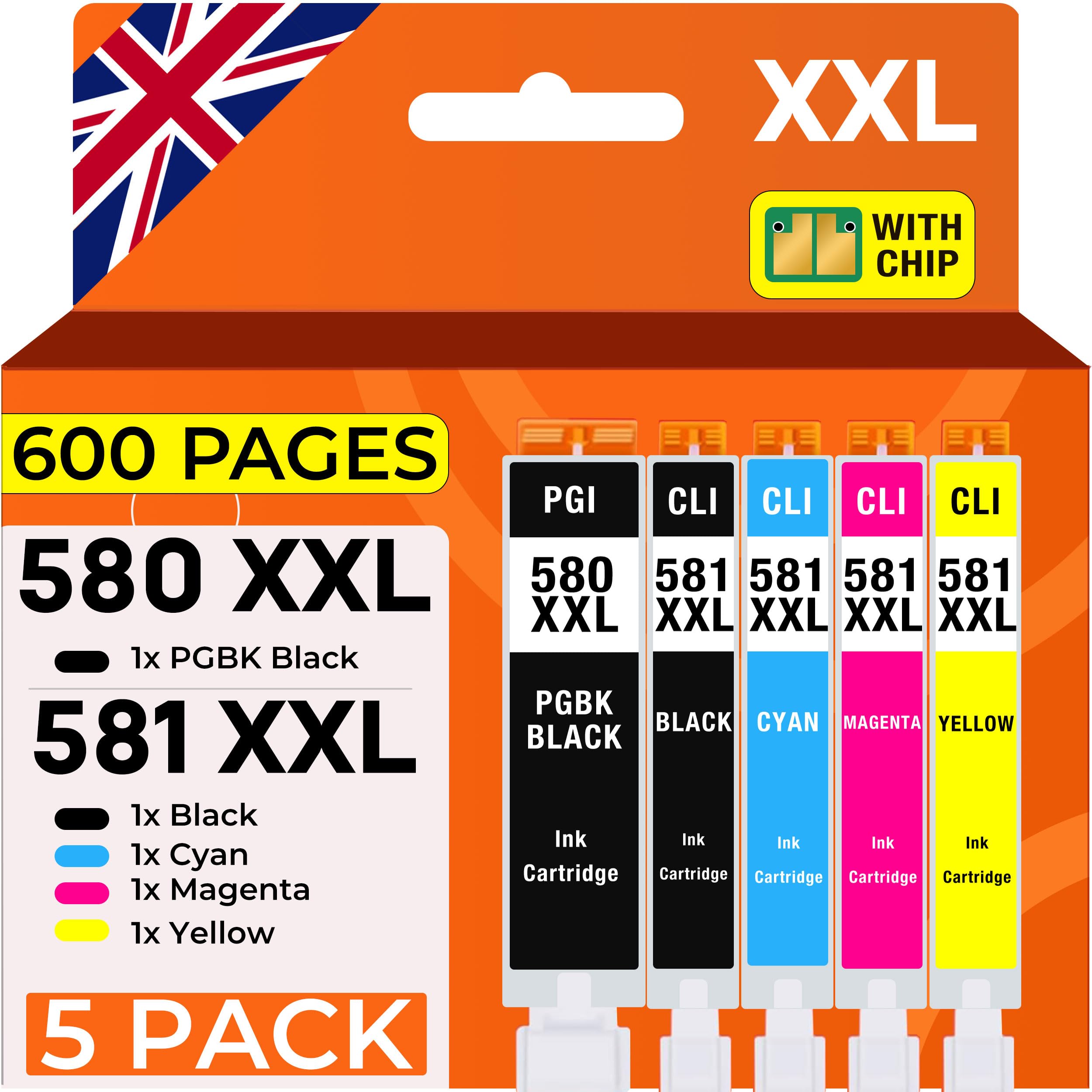 Supply Guy 580XXL 581XXL ink cartridges compatible with Canon PGI-580 CLI-581 for Pixma TS705 TS705a TS6350 TS6350a TS6351a TS6300 TR8550 TS9550 TS6150 TS6250 TR8500 Multipack 5x 580 581 XXL