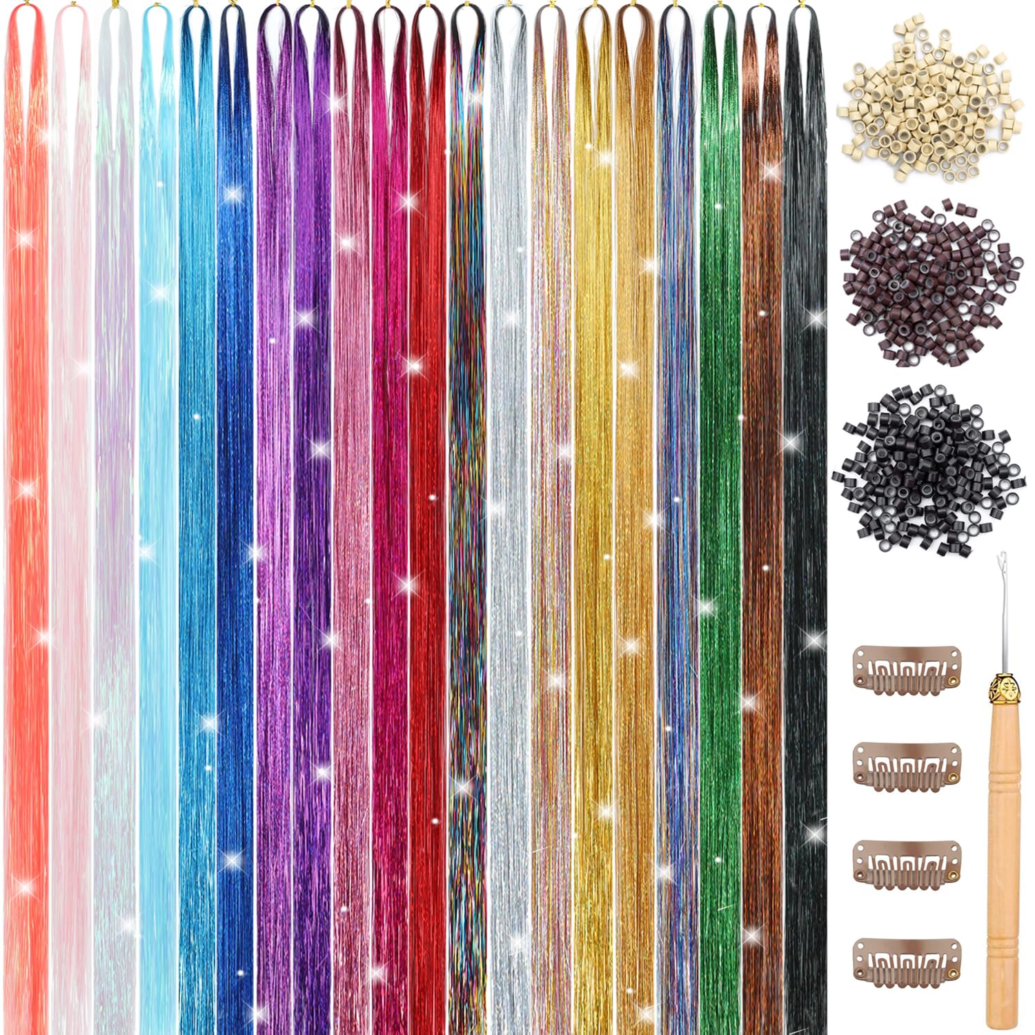 Photo 1 of YUBTY Hair Tinsel Kit 20 Colors 4800 Strands Fairy Hair Tinsel Heat Resistant 48 Inches Glitter Tinsel Hair Extensions Highlights Sparkling Hair Tinsel Kit for Girls Hair Accessories Party Festival
