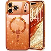 Glitter for iPhone 17 Pro Max Case with Eye-catching Integrated Lens Protection, [Sparkly Bling Back Panel] [Seamless Work with Magsafe] Cute Women Girly Phone Case for iPhone 17 Pro Max Cosmic Orange