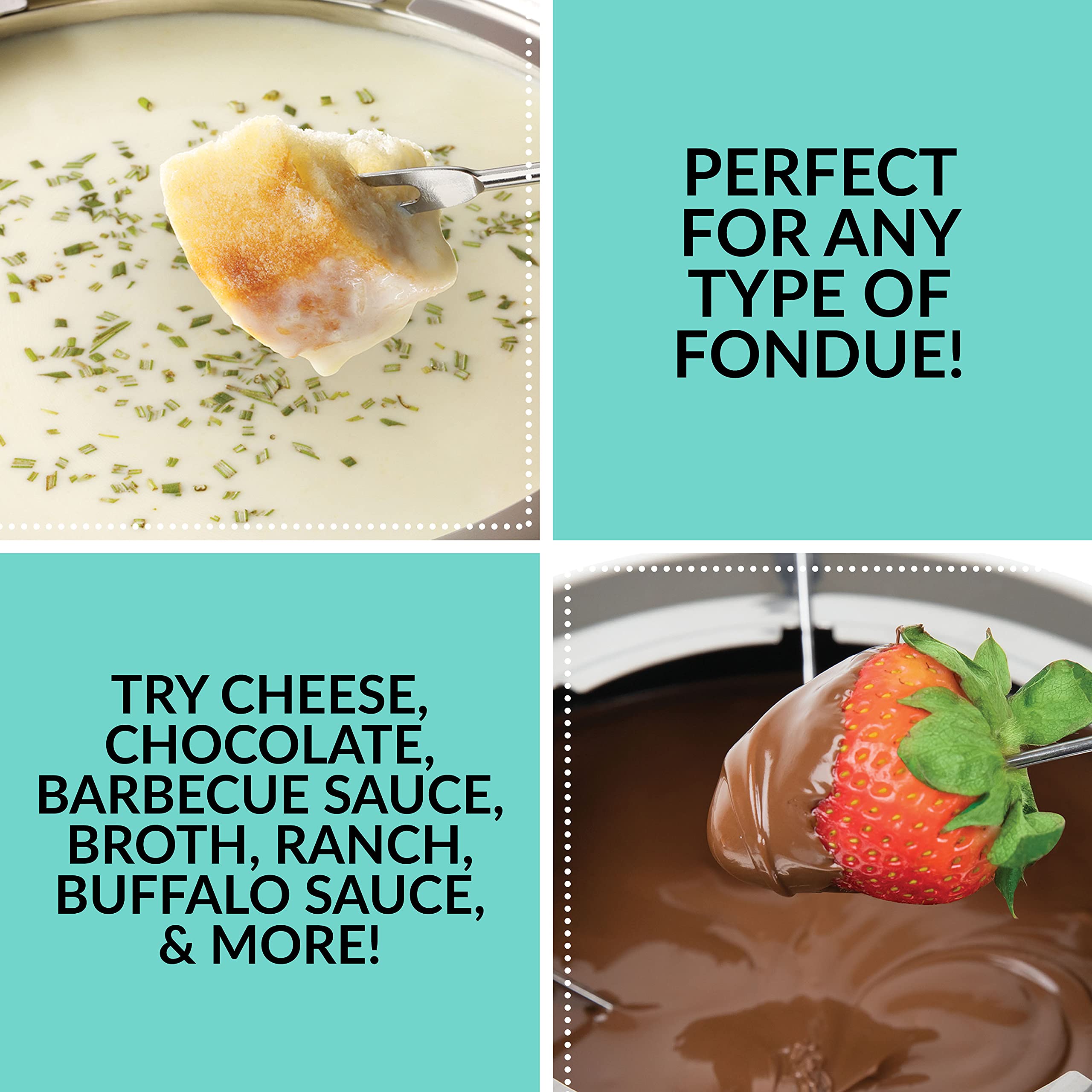 Nostalgia 12-Cup Electric Fondue Pot Set for Cheese & Chocolate - 8 Color-Coded Forks, Temperature Control - Stainless Steel Kitchen Gadgets and Appliances for Hors d'Oeuvres and More - Aqua