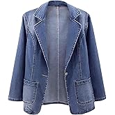 ebossy Women's Classic Notch Lapel Denim Blazer One Button Long Sleeve Slim Office Jean Jacket