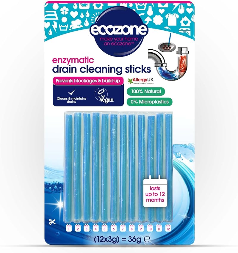 EcoZone Drain Sticks Enzymatic Pipe Unblocker 12 x sticks 1 year supply