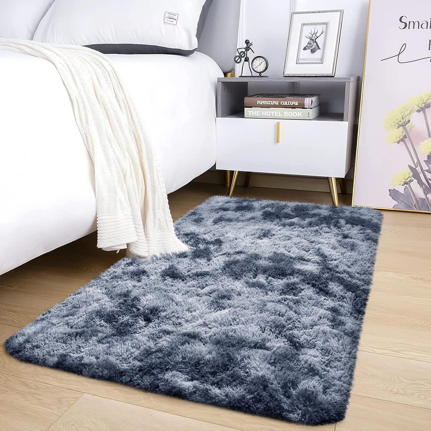 AMEHA Tie Dye Dark Grey Shaggy Rug 60x110 cm Patterned Fluffy Soft Non Slip Runner Rug for Bedroom Living Room Modern Carpet for Nursery Kids Room Non-Shedding
