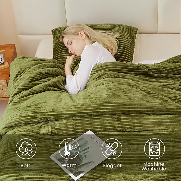 FLUFFY VELVET COMFORTER SET KING 3 PIECES – SUPER SOFT & FUZZY OLIVER GREEN COMFORTER SET FOR WINTER WARM FLEECE BEDDING, 1 LUXURY COZY FAUX FUR DOWN ALTERNATIVE COMFORTER WITH 2 PILLOW CASES