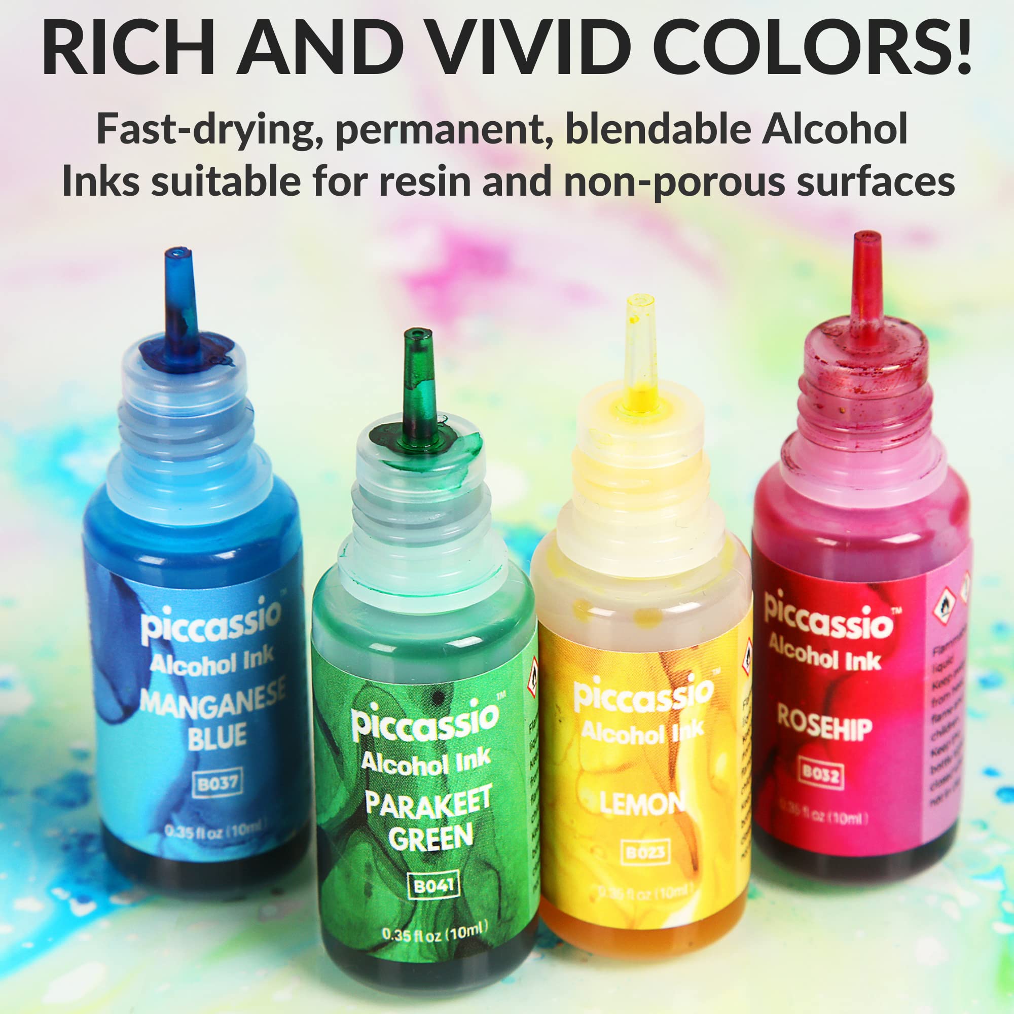 Alcohol Ink Set - New Improved Formula - 24 Highly Saturated, Fast-Drying, Permanent Inks for Epoxy Resin, Tumblers, Fluid Art Painting, Glass, Metal, and More