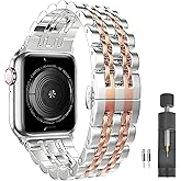 PUGO TOP Stainless Steel Band Compatible with Apple Watch 49mm 46mm 45mm 44mm 42mm 41mm 40mm 38mm, Business Strap for iWatch Series 11 10 9 8 7 6 5 4 3 2 1, SE3 2 1, Ultra3 2 1, Two-Tone Metal Bands, Butterfly Clasp, Adjustable Links with Removal Tool