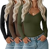 Huukeay 3 Pack Women's Deep V Neck T Shirts Long Sleeve Slim Fitted Tops Casual Fall Basic Tee Shirts Stylish Clothes