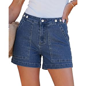 GRAPENT Jean Shorts for Women High Waisted Cinch-Waist Mid Thigh Stretchy Denim Shorts Casual Summer Jorts Patch Pockets
