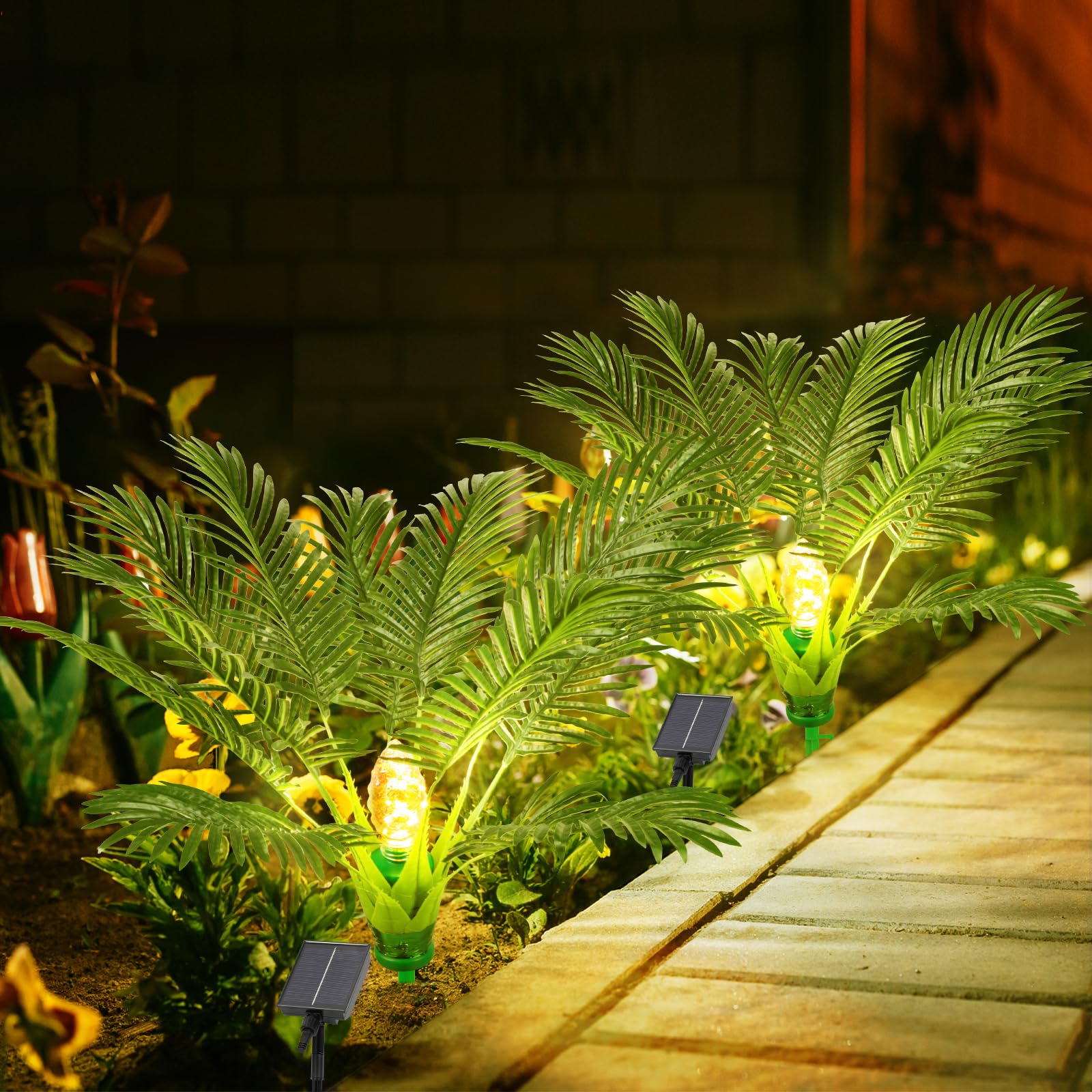 Photo 1 of 4 Pack Artificial Plants Outdoor with Solar Light 25" Prelit Christmas Tree with Spike Pathway Light with 8 Lighting Modes for Xmas Decoration Yard Patio Garden Walkway Sidewalks Landscape- Palm Tree