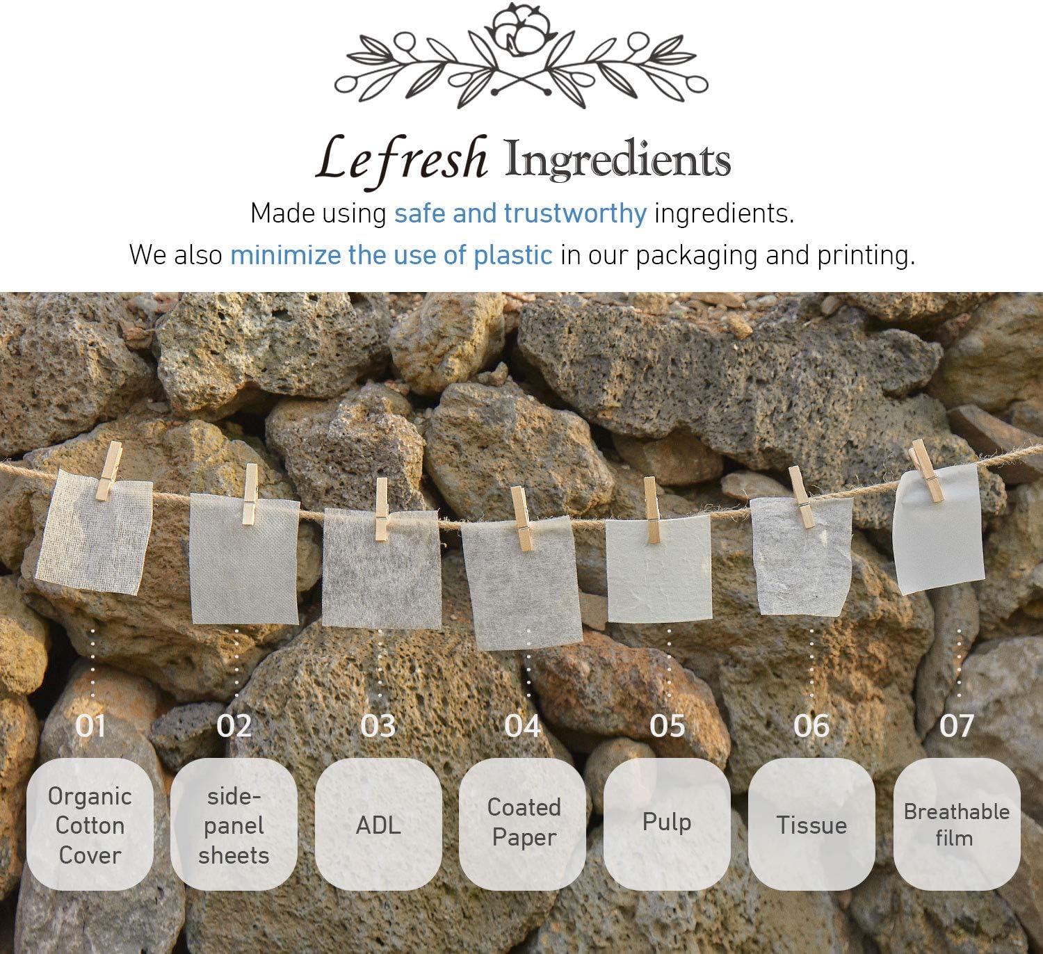 Lefresh Certified Organic Cotton Sanitary Pads with Wings 13", Overnight, 32 Count (8pcs, 4 Packs) - Healthy Pure Natural Menstrual Pads for Women All Night Protection: Health & Personal Care
