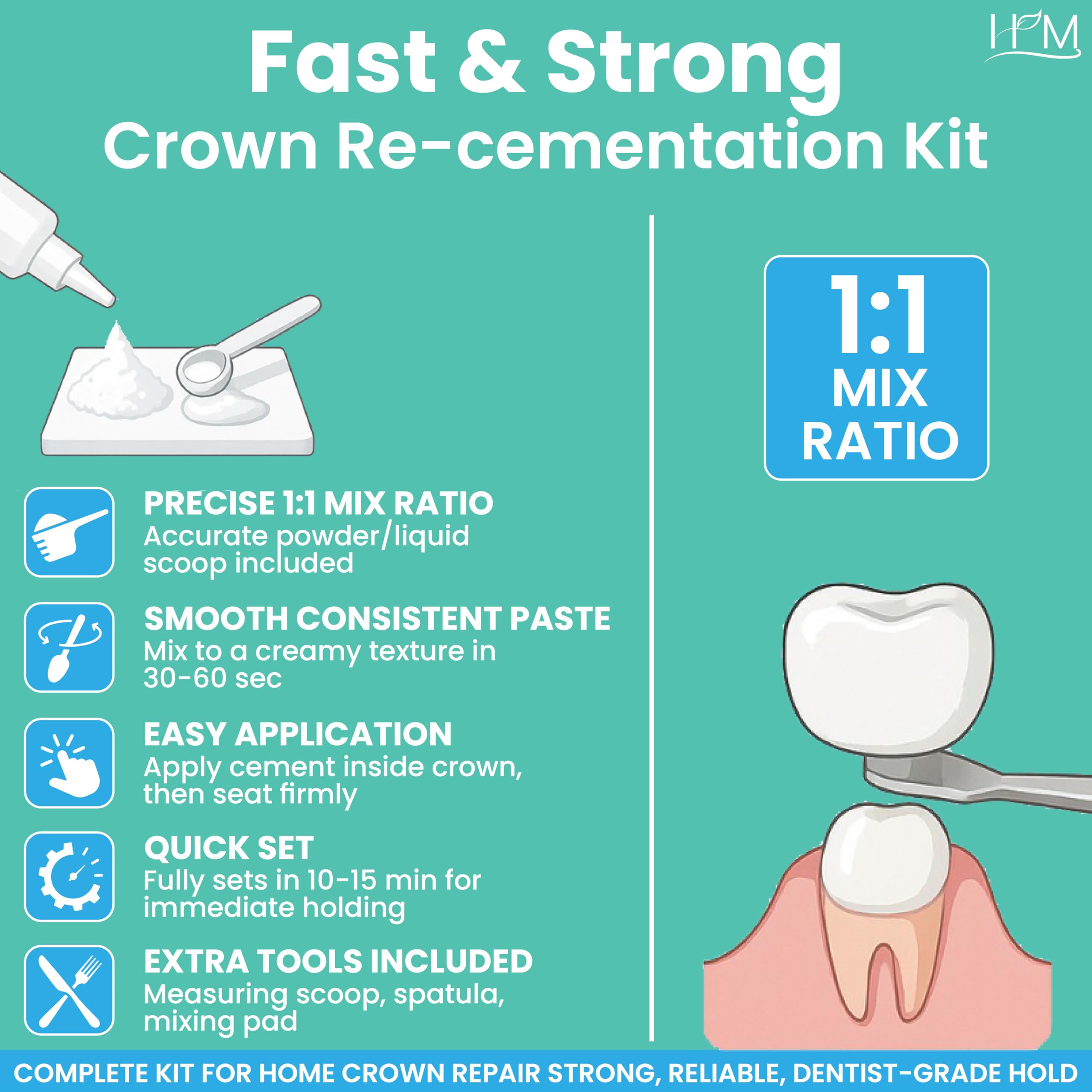 HM Zinc Oxide Eugenol Dental Cement Kit | Super Adhesive | Instant Tooth Repair, Cap, Crown & Bridge Filling | DIY, Self Curing, Sturdy & High Strength |Universal Shade| Emergency Dental Care | 1 Box