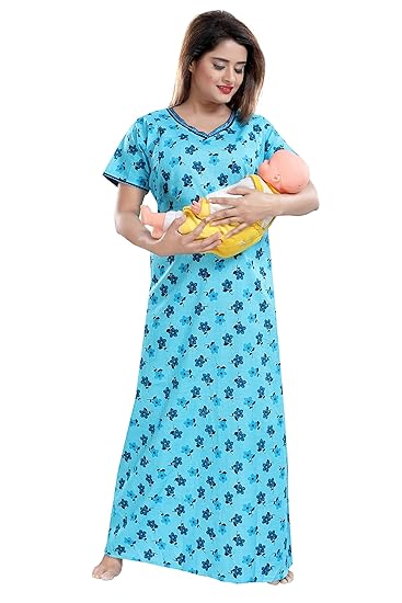 Women's Cotton Feeding/Maternity Nighty (LTC0062, Blue, Large)