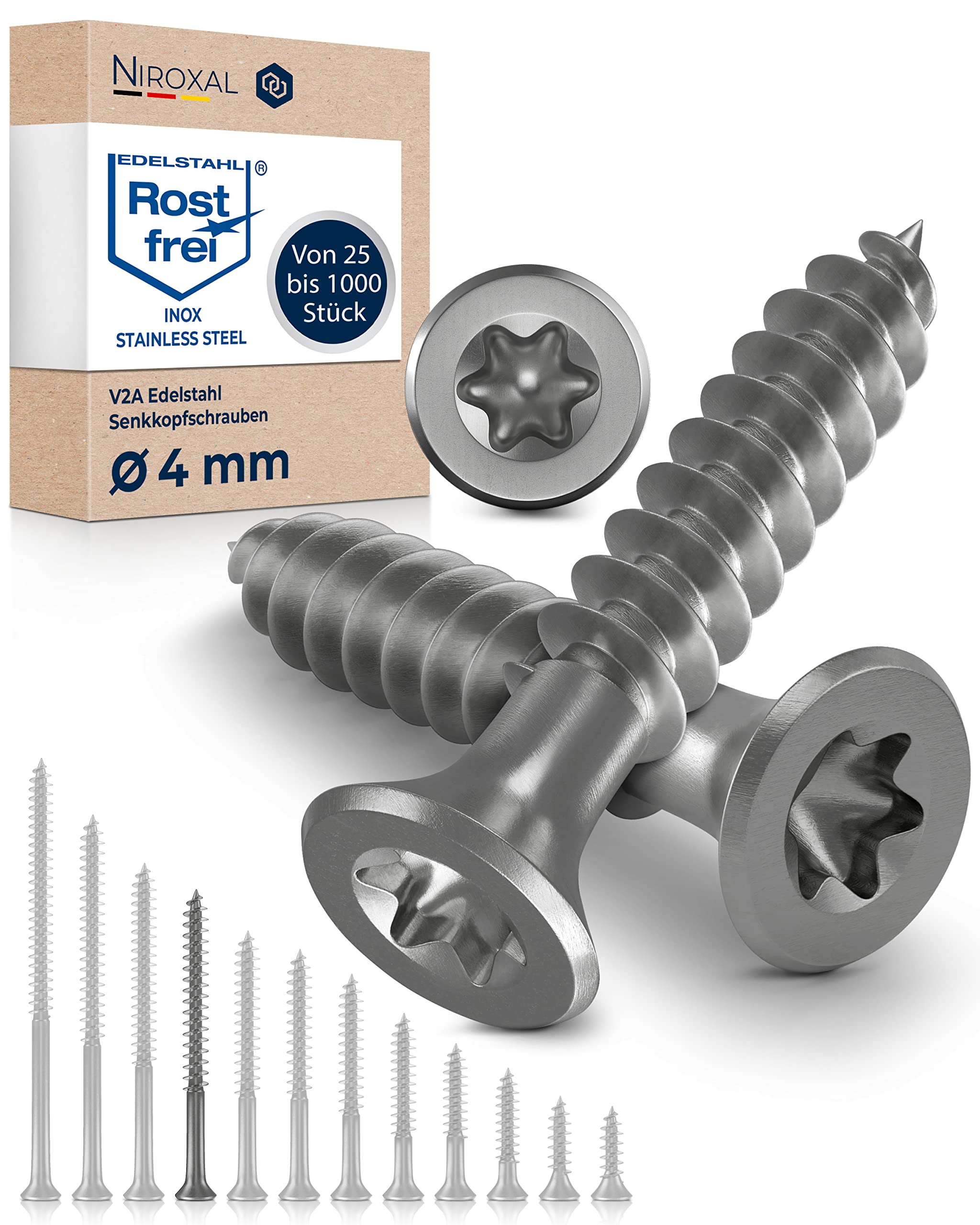Wood Screws Torx Screws Stainless Steel V2A Rustproof 4 x 55 Chipboard Screws for Wood Partial Thread 4 mm Thick 55 mm Long Pack of 50 Stainless Steel Screws Wood A2 Corrosion