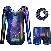 JiAmy Gymnastics Leotards for Girls Cross Back, Long Sleeve Sparkly Dance Biketards with Shorts Ballet Outfit for 3-12 Years