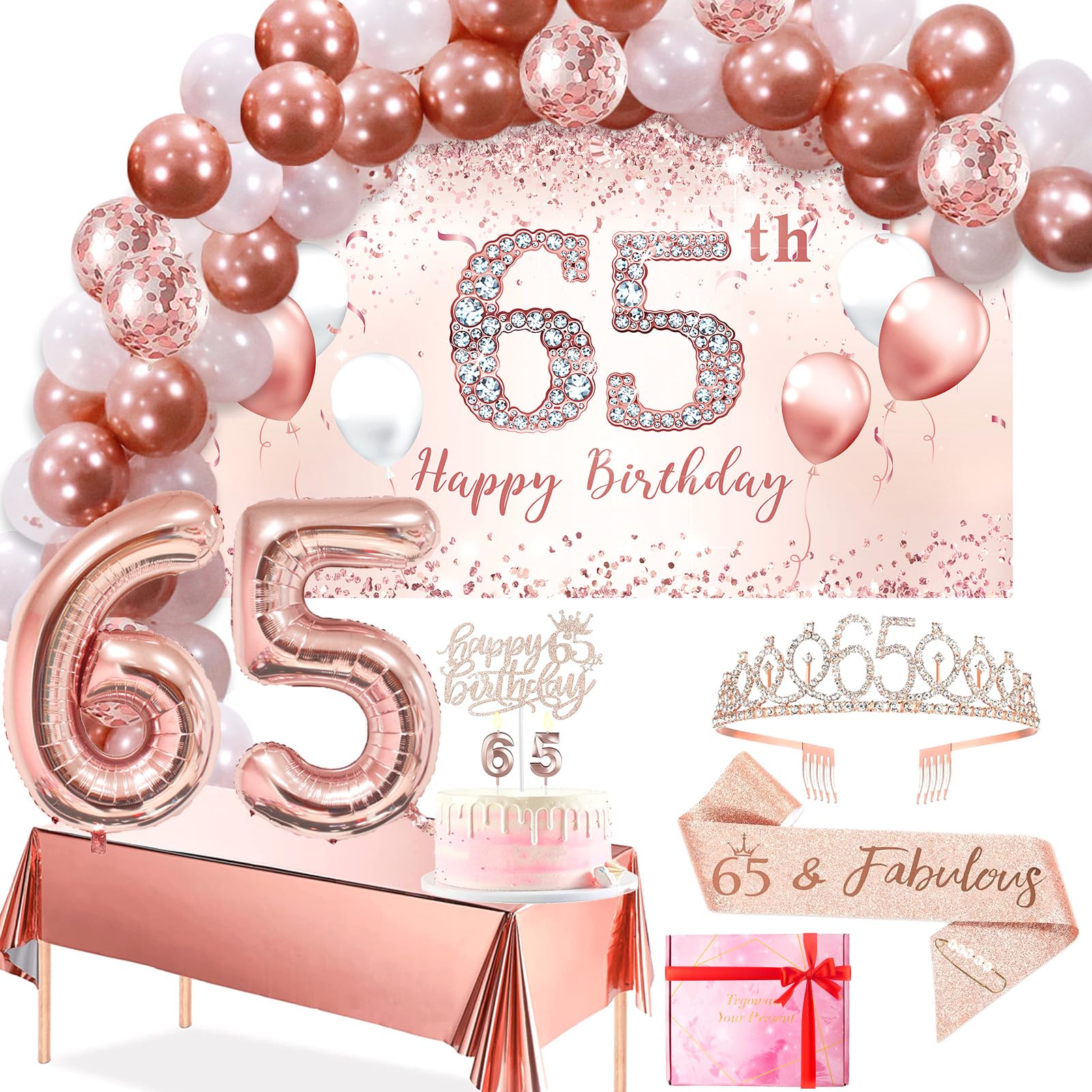 Photo 1 of Trgowaul 65th Birthday Decorations Balloon Set Women's Arch, Rose Gold 65th Birthday Banner and Party Tablecloth, Belt and Tiara, Pink Gold 65th Balloon, Pink Birthday Cake Top, Latex Balloon * 60