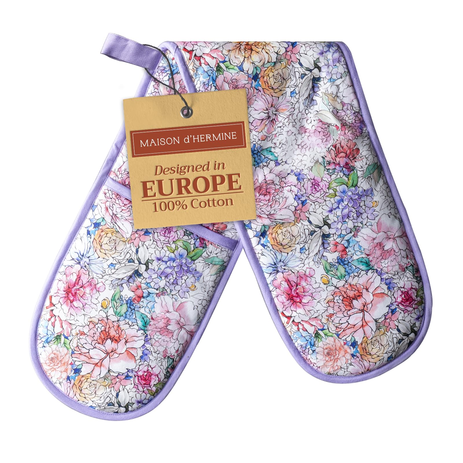 Maison d' Hermine Double Oven Mitts 100% Cotton 18 cm x 89 cm Double Oven Mitt Heat Resistant BBQ Cooking Gloves with Loop Baking Grilling Handling Hot Pans Gifts for Mothers Day (Floral Love)
