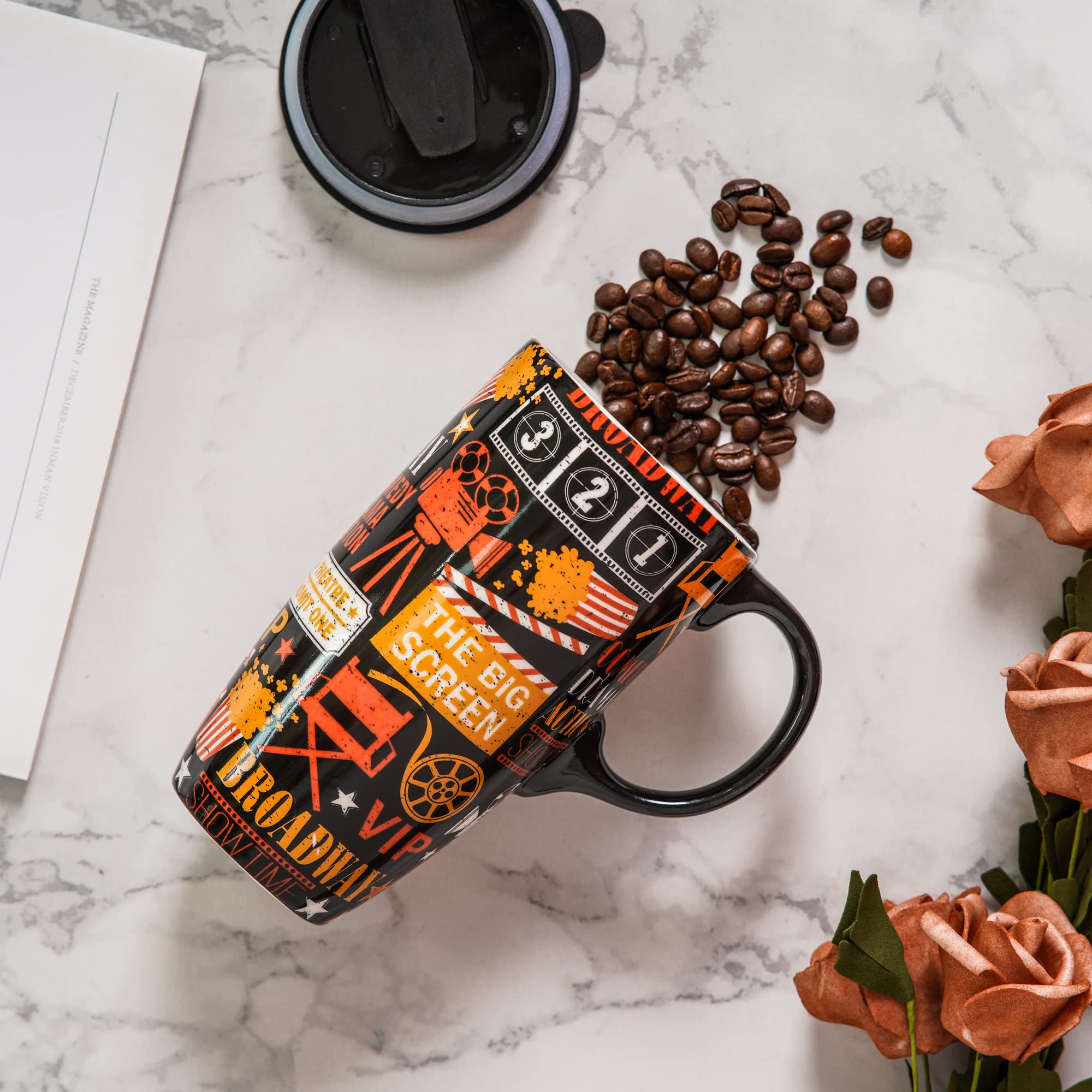 DUSVALLY Ceramic Mug Large Coffee Mug Tall Cups Porcelain Latte Tea Cup with Lid and Gift Box 17oz,Movie — image 1