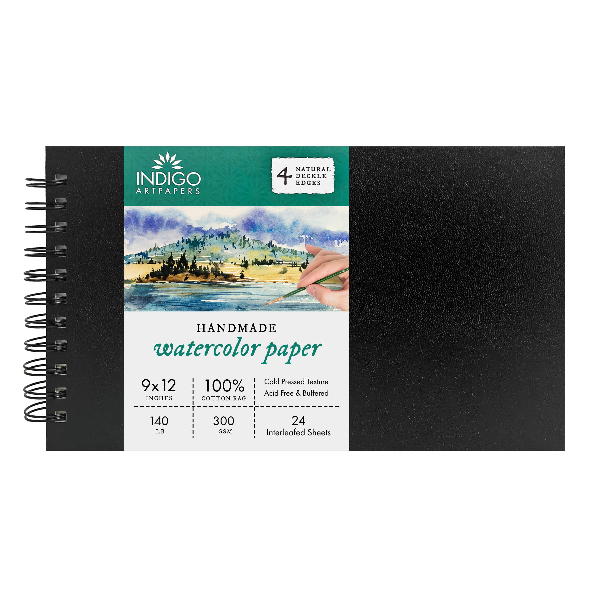Indigo Artpapers Watercolor Paper Wiropad, 24 Sheets, 9x12 (140lb/300g) | Handmade 100% Cotton Rag, Cold Pressed, Acid-Free Water Color Paper with 4 Natural Deckle Edges, Watercolor Pad Sketchbook