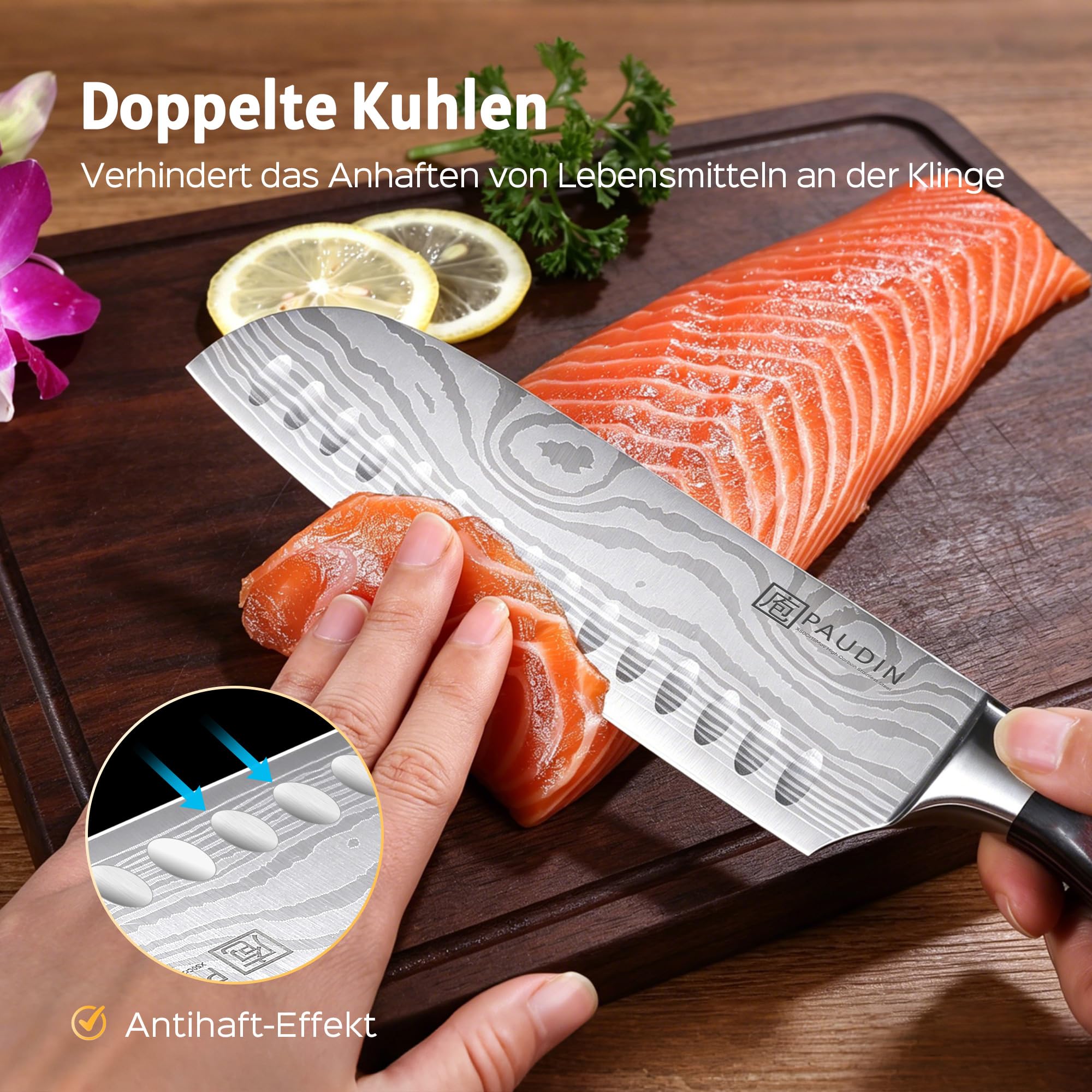 PAUDIN Santokumesser, Klingenlänge17 cm Kochmesser aus deutschem Messerstahl, Sushi Messer Küchenmesser mit ergonomischem Griff für Haus und Restaurant 6