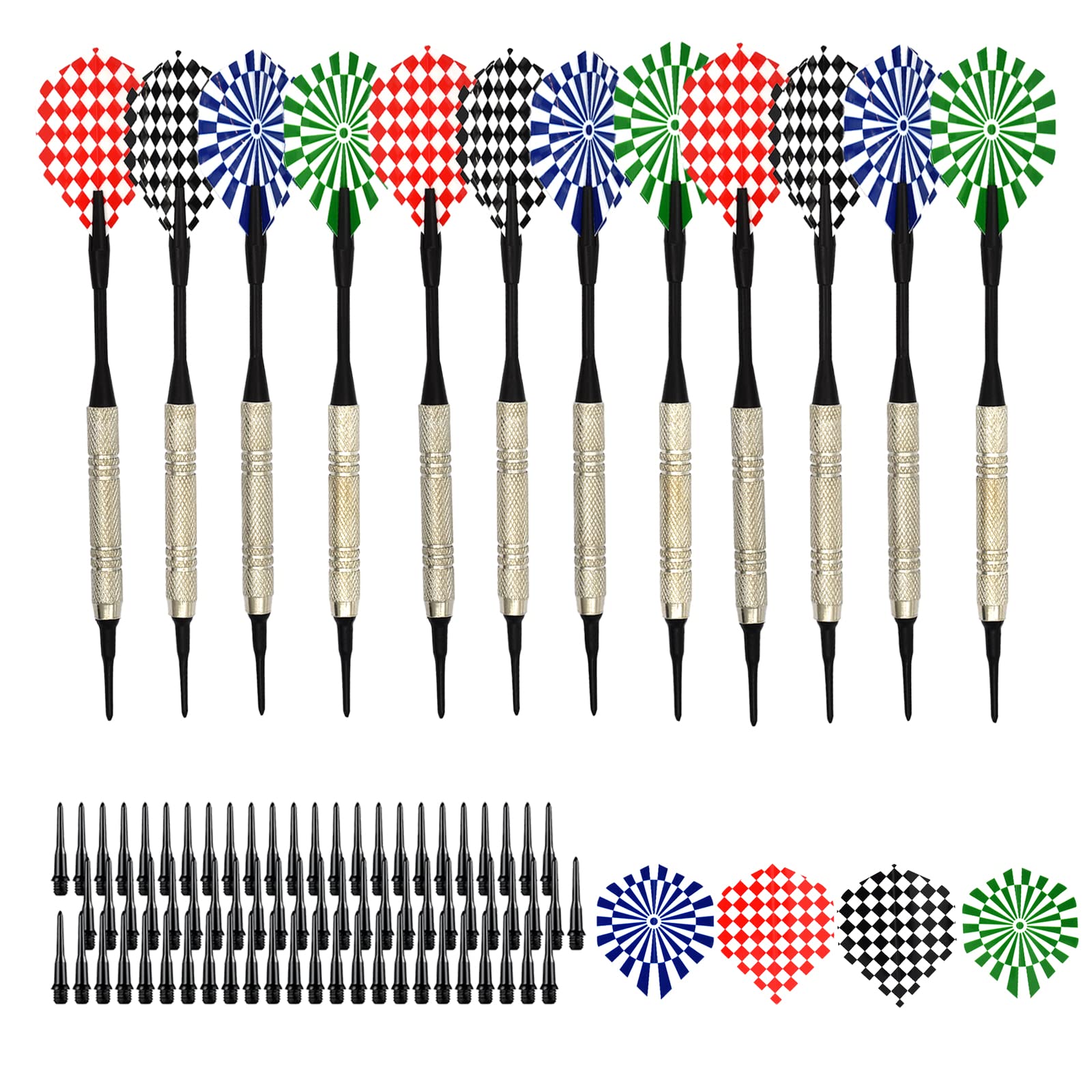 Skyzone Darts Set, 12 pieces soft darts for electronic dartboard with 100 extra black plastic tips for recreation room bar and game room (14g)