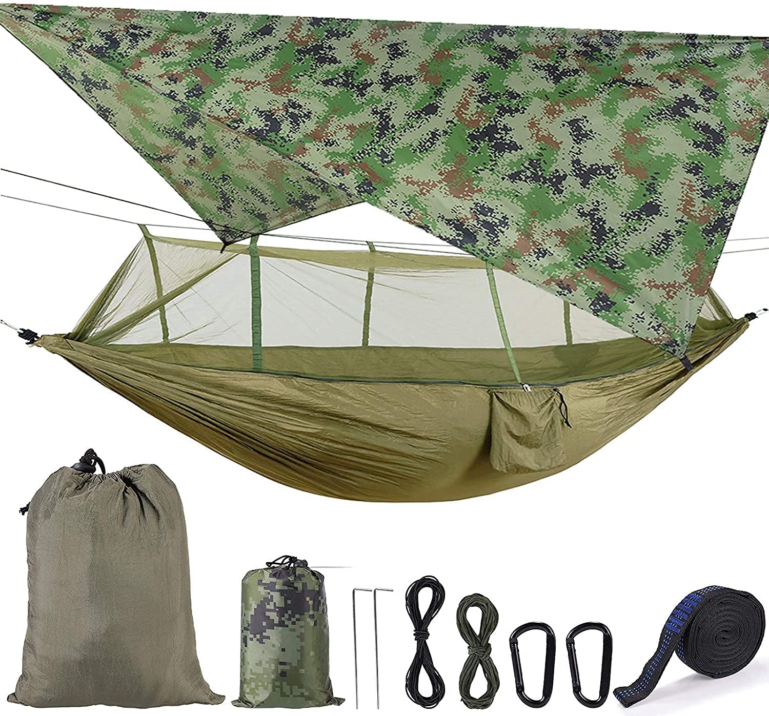 Camping Hammock with Mosquito Net and Rain Fly 200kg Load Capacity 260 x 140 cm Nylon Double Hammock Waterproof Lightweight Portable for Backpacking Hiking Fishing Outdoors Garden(ArmyGreen+Camo)