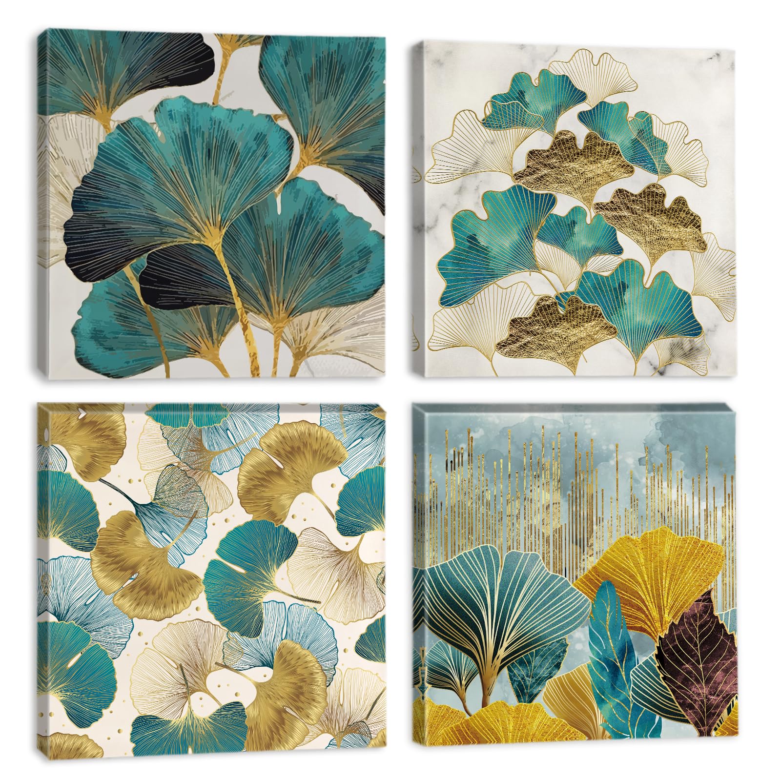 Artscope 4 Pieces Wall Art Canvas Prints - Ginkgo Leaf Picture Painting - Modern Wall Artwork Framed for Gifts Bathroom Home Kitchen Office Decor - 30 x 30 CM — image 1