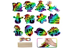 Max Fun Christmas Crafts Scratch Art for Kids, 48PCS Magic Rainbow Scratch Off Paper Cards, Christmas Ornaments Hanging Art for Kids Party Favors Supplies, Stocking Stuffers Educational Toys