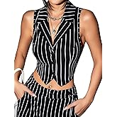 WDIRARA Women's Striped Sleeveless Button Down Business Crop Vest Waistcoat Blazer