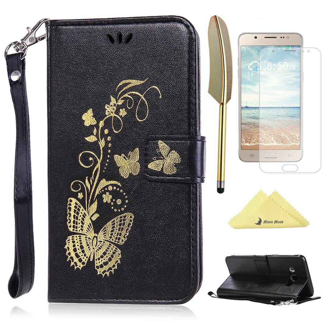Fundas Galaxy J Version Moon mood® Negro PU Cuero TPU Interior Mariposa